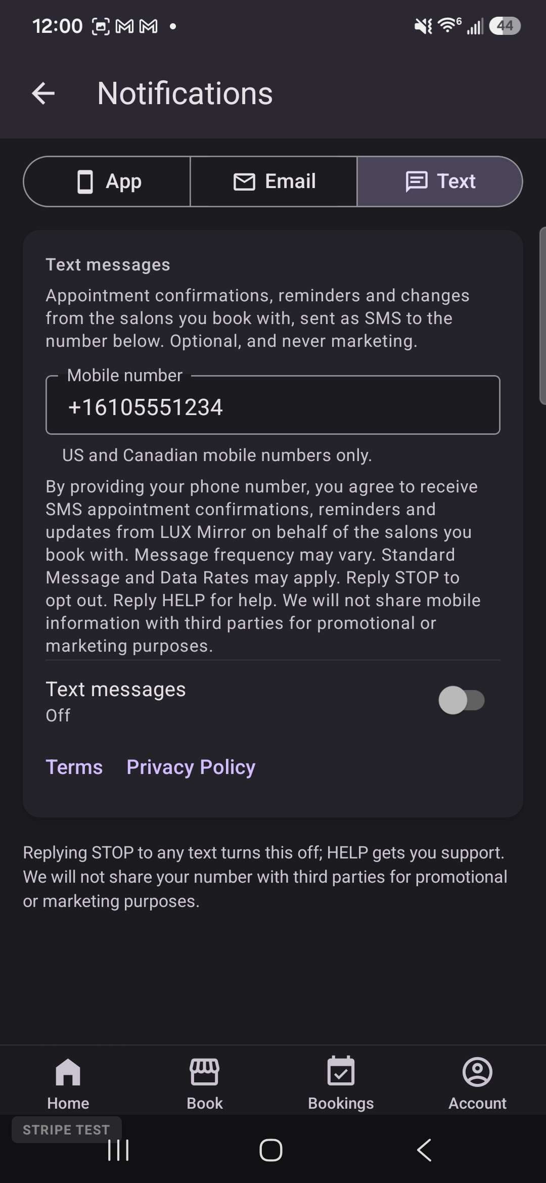 LUX Booking — Settings › Notifications › Text: mobile number field, the opt-in disclosure, and the Text messages switch, off by default